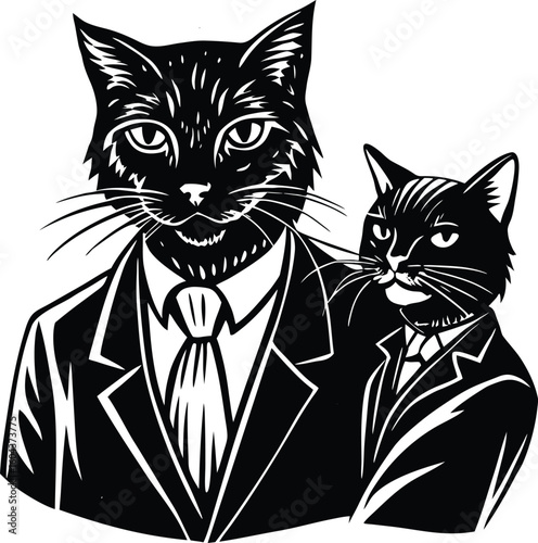 Cute black and white cat and dog vector illustration for pet lovers, tail, ears, nose, eyes, duo, friendship, charm