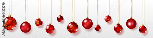 Set of red Christmas ornaments, hanging on golden ribbons, smooth and decorated with intricate patterns of snowflakes. The balls have soft shadows and are set against a white background.