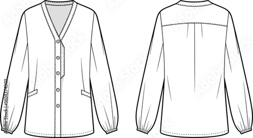 Cardigan blouse flat sketch with front buttons, long sleeves, v-neck design, back yoke detail, cad drawing flat vector illustration