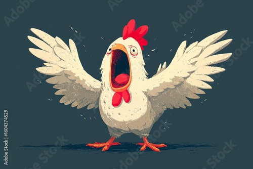 Illustration of a chicken screaming with its wings in the air, existential dread face expression, exaggerated cartoon