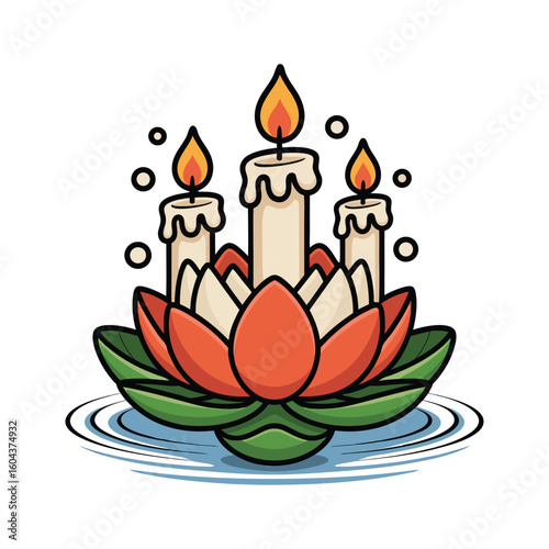 Three lit candles on a lotus flower floating on water vector