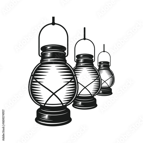 Three vintage kerosene lanterns hanging in a row oil lamp vintage lighting