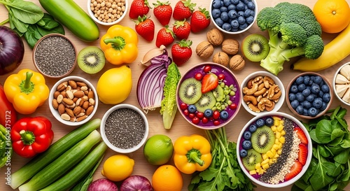 Vibrant superfoods bounty bursting with fresh fruits, vegetables, nuts, and seeds for healthy eating