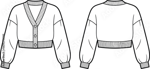 Cropped cardigan sweater flat sketch, long sleeve technical 