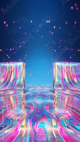 Vibrant Abstract Landscape with Colorful Flowing Patterns and Sparkling Lights in a Dreamlike Atmosphere