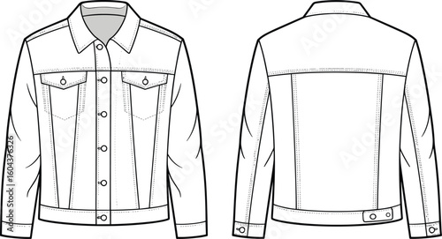Denim jacket flat sketch, technical fashion drawing, front and back view, long sleeve casual outerwear design, button up stylish template
