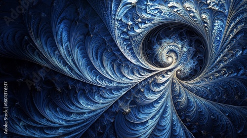 Intricate fractal design with spiraling blue and white patterns on a textured black background