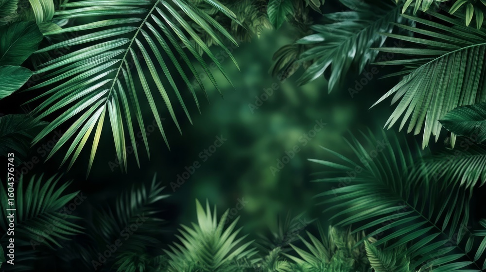 Fototapeta premium Lush Green Palm Fronds Background with Rainforest Canopy and Exotic Tropical Foliage and Ferns