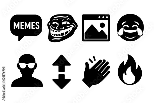 Popular internet meme icons: trollface, pepe, laughing tears, and fire emoji symbols