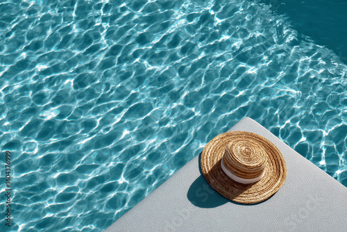 A straw hat lies on the edge of an outdoor sun lounger by the pool, a view from above.