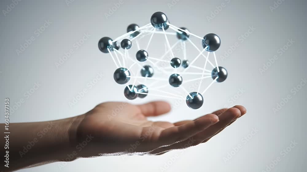 Person's Hand Holding Metallic Molecule Model with White Lines Against a Gradient Background Representing Scientific Innovation And Connection Person's Hand Holding Metallic Molecule Model with White Lines Against a Gradient Background Representing Scientific Innovation And Connection