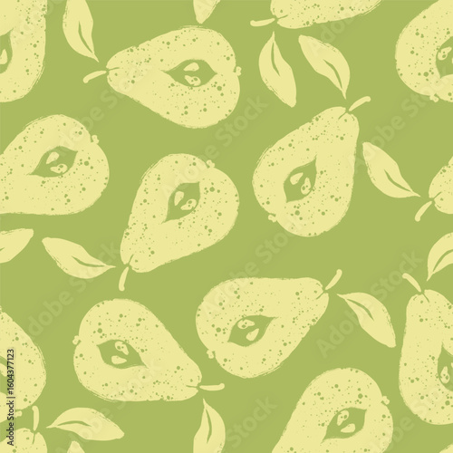 Green Pears with Leaves Vector Seamless Pattern