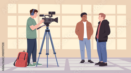 Illustration of person filming two people having a conversation indoors, symbolizing media production, teamwork, video creation, and storytelling