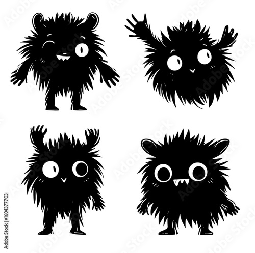 Cute furry ball monster character cartoon set. Vector illustration doodle linocut style.