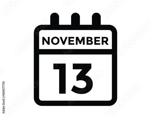 
13 November, calendar date icon. 13 November Calendar Date for Deadlines or Appointment. Day, month. vector illustration.
