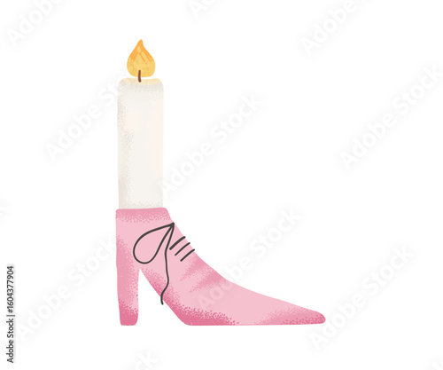 Creative candle shaped like a white taper candle in a stylish pink high heel boot. Unique and fashionable decor element.