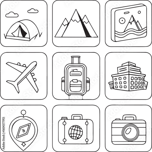 Travel and Tourism Line Icon Set – Airplane, Passport, Camera, Map, Suitcase, Cruise, Mountain, Compass – Vector Illustration