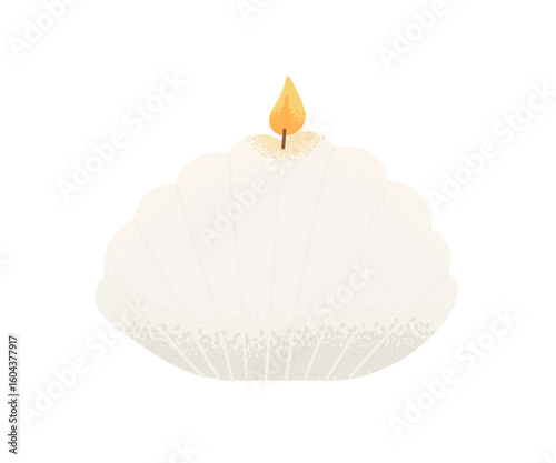 White decorative candle in the shape of a seashell with a soft yellow flame. Perfect for coastal or spa-themed interiors.