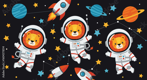 Cute lion astronauts floating in space, perfect for children's books, apparel, or websites.