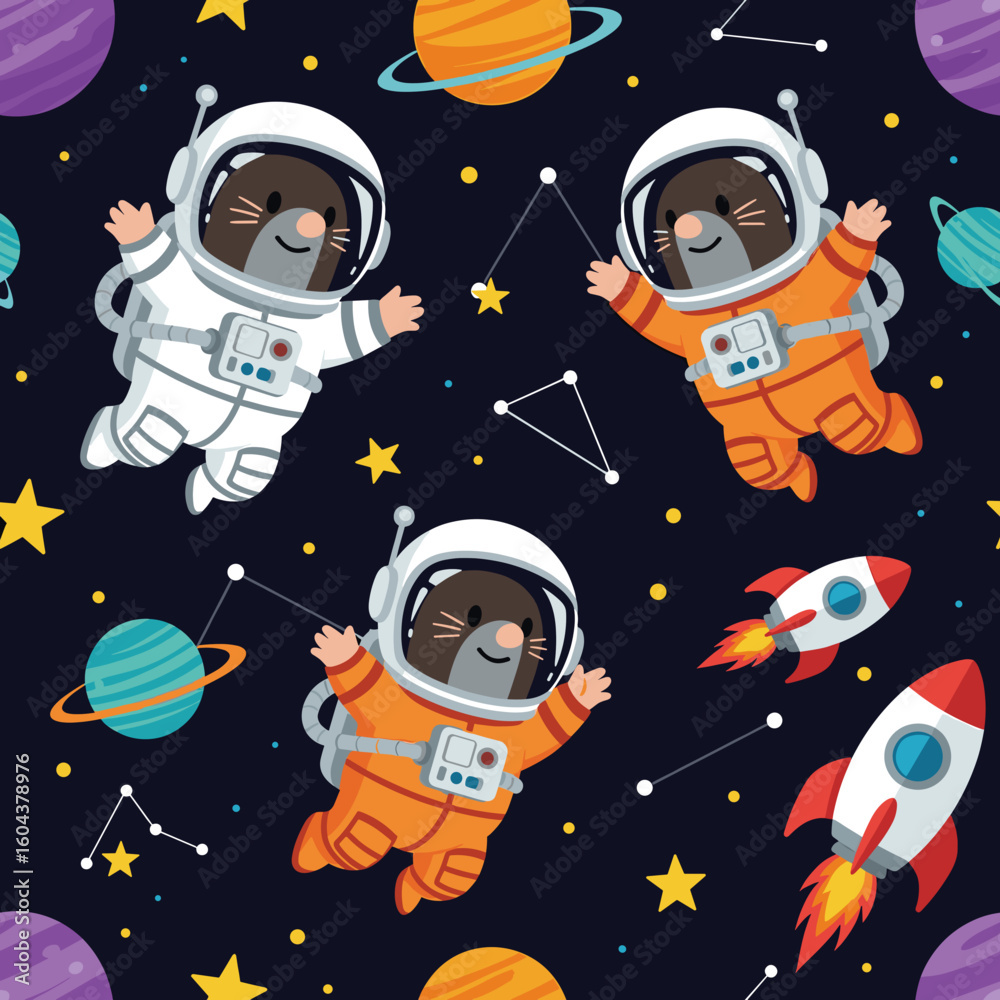 Fototapeta premium Cute moles in spacesuits floating in space, perfect for children's books, textiles, or websites.