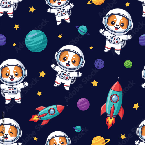 Adorable dog astronauts and rockets in space, perfect for children's products, fabric prints, or space-themed websites.