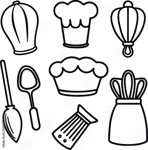 A vector icon set of kitchen tools and cutlery for restaurant menu design, featuring fork, knife, spoon, and chef hat symbols, logo, restaurant menu, foodservice
