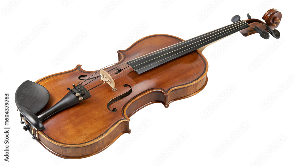 Obraz premium Wooden violin with dark strings and chin rest isolated on a transparent background