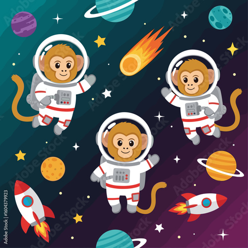 Cute monkeys in spacesuits floating in space, perfect for children's books, websites, or educational materials.