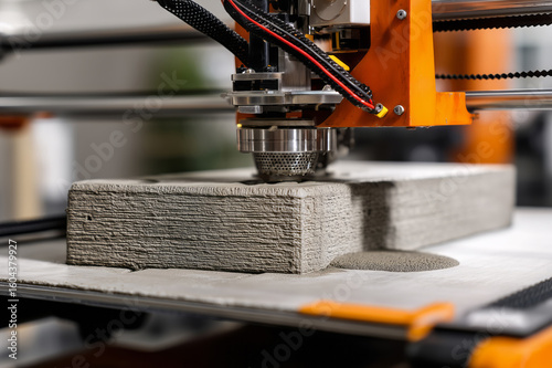 A 3D printer prints a building block