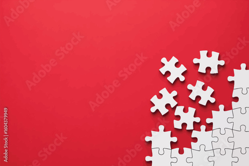 White jigsaw puzzle pieces scattered on a vibrant red background creating a sense of incompleteness