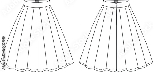 Flat technical sketch of pleated A-line midi skirt, front and back view, vector fashion template for garment and apparel design