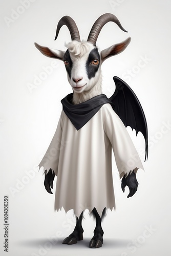A whimsical portrayal of a goat dressed as an impish figure with dark wings and a hooded robe.