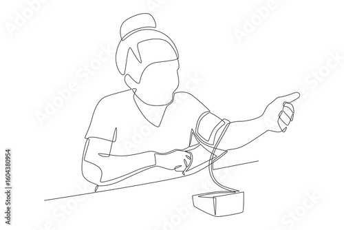Women checking her blood pressure concept one-line drawing