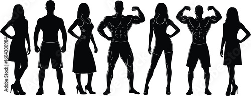 Set of Human Body Silhouettes, Including Muscular Men and Slender Women in Various Poses, Ideal for Fitness, Bodybuilding, Fashion, and Health Concepts, Black Vector Illustration
