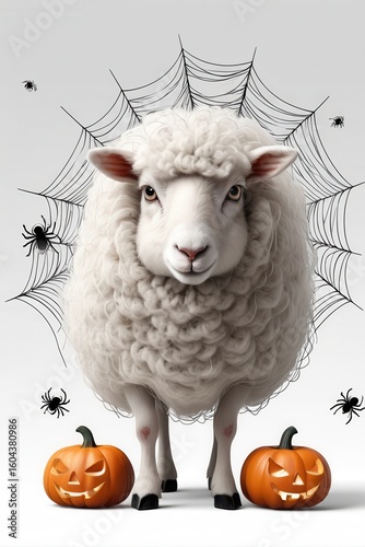 A woolly sheep stands amidst Halloween decorations, with carved pumpkins and spiderwebs creating a spooky scene.