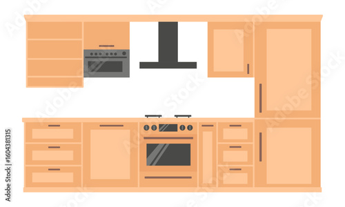 Kitchen furniture interior design. Built-in appliances such as fridge and dishwasher. Lots of cupboards and shelves. Design project.
