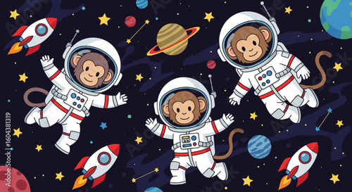 Three adorable monkeys in spacesuits floating in space, perfect for children's books, websites, or apparel.