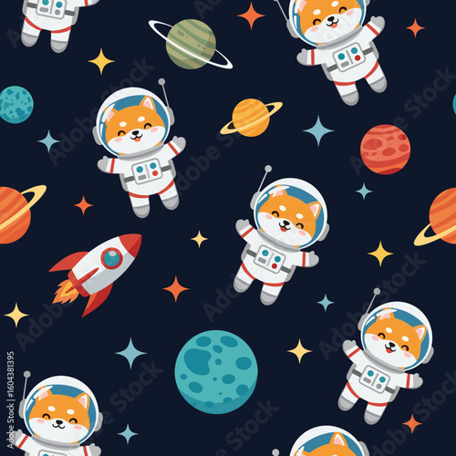Adorable Shiba Inu Astronauts in Space: Seamless Pattern for Kids' Products