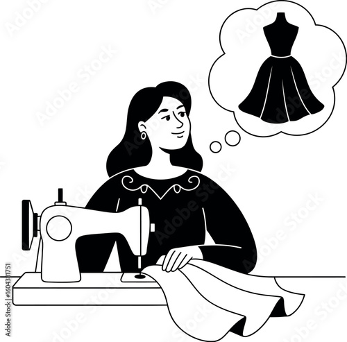 Woman sewing with a machine and dreaming of a dress in a thought bubble, black and white art
