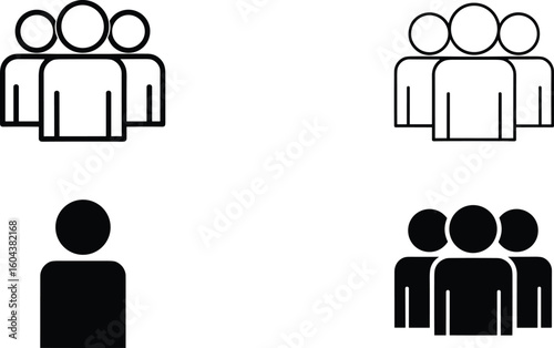 Set of People Icons in Outline and Solid Black, Group and Single Person Symbols, Minimalist Vector Illustrations for User Profiles, Teamwork, and Social Media Design