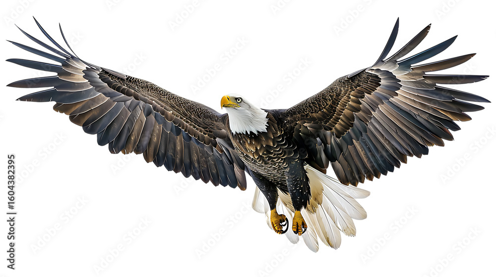 Naklejka premium A majestic bald eagle soars with wings fully extended against a solid color backdrop isolated with white background