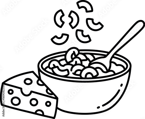 A black and white line drawing of a bowl of mac and cheese with a slice of cheese next to it