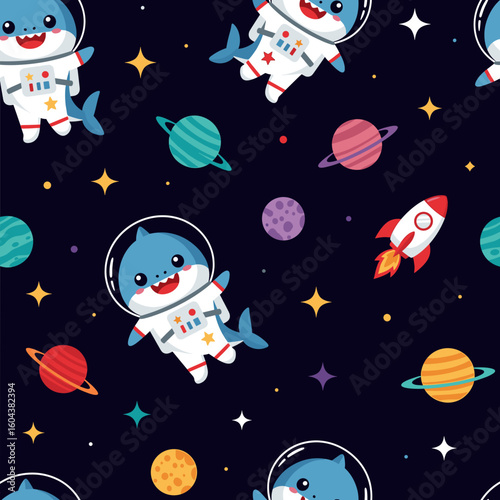 Cute shark astronauts in space: seamless pattern for kids' apparel, fabric, or wallpaper.