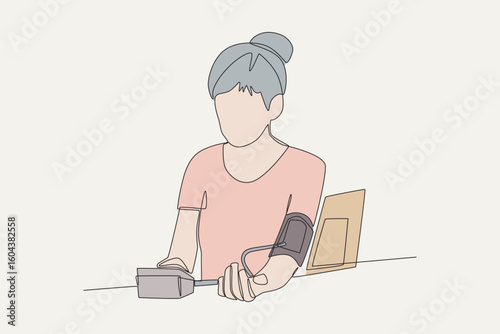Colored women checking her blood pressure concept one-line drawing