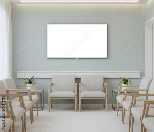 Tv Screen Mockup Template In Hospital Waiting Room With Armchairs And Clean Wall Background
