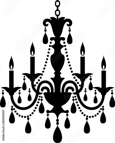 An ornate chandelier with multiple candles and decorative crystals in a silhouette style design