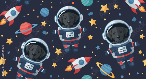 Adorable black labrador puppies in astronaut suits floating in space. Perfect for children's books, textiles, or websites.