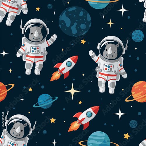 Adorable rhino astronauts and rockets in space, perfect for children's books, textiles, or wallpaper.