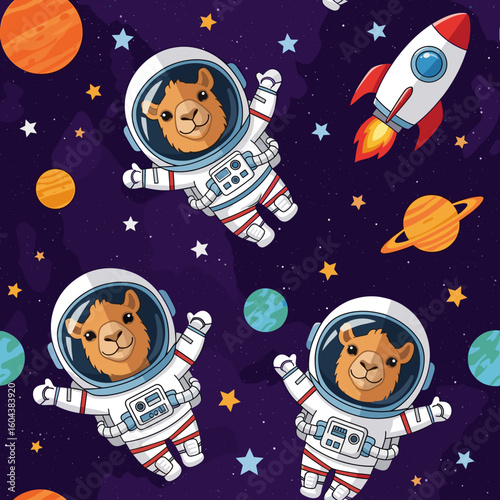 Cute llamas in space suits, perfect for children's apparel, books, or space-themed projects.