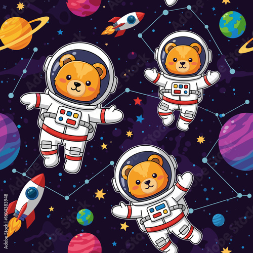 Cute teddy bears in spacesuits floating in space, perfect for children's books or textile designs.